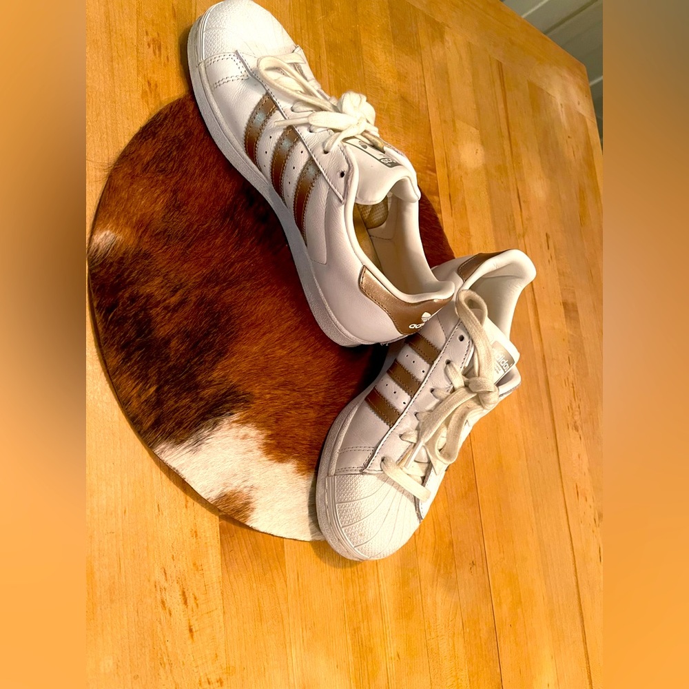 Adidas all star sneakers, size 6, white leather with bronze trim, gently used